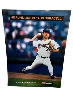 1991 Duracell Nolan Ryan Texas Rangers Pitcher Baseball Print Ad